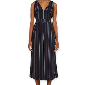 Frank + Oak Sleeveless Wide Leg V Neck Jumpsuit with Pockets Striped Navy Medium